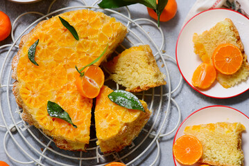 Tangerine upside-down cake.selective focus