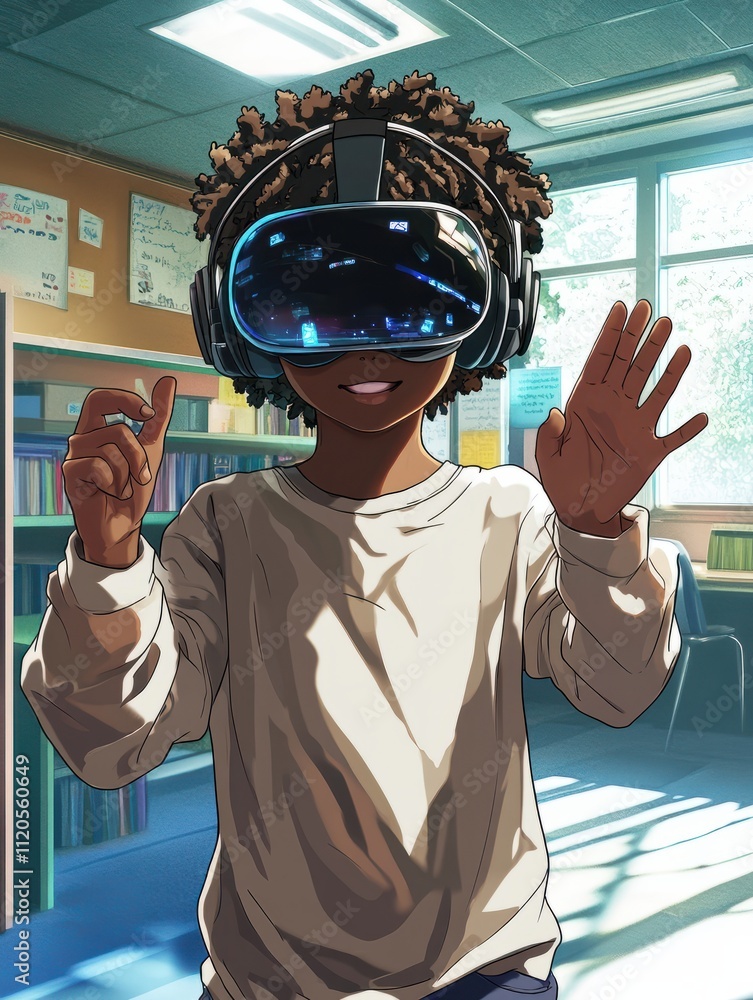 Poster mixed race child with vr virtual reality goggles in classroom. multiethnic pupil having fun with vir