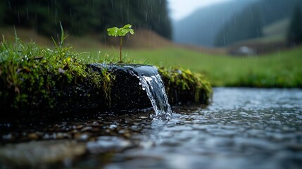 Small plant growing by a waterfall in the rain.