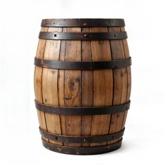 Obraz premium A traditional wooden barrel with vertical staves and dark metal hoops is set against a plain white background, highlighting its rustic craftsmanship.