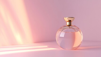 Elegant perfume bottle on pink background with soft lighting.