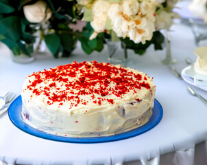 Traditional and delicious red velvet cake isolated on blue plate