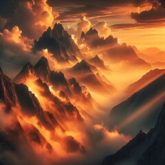 Fiery Mountain Peaks at Sunset