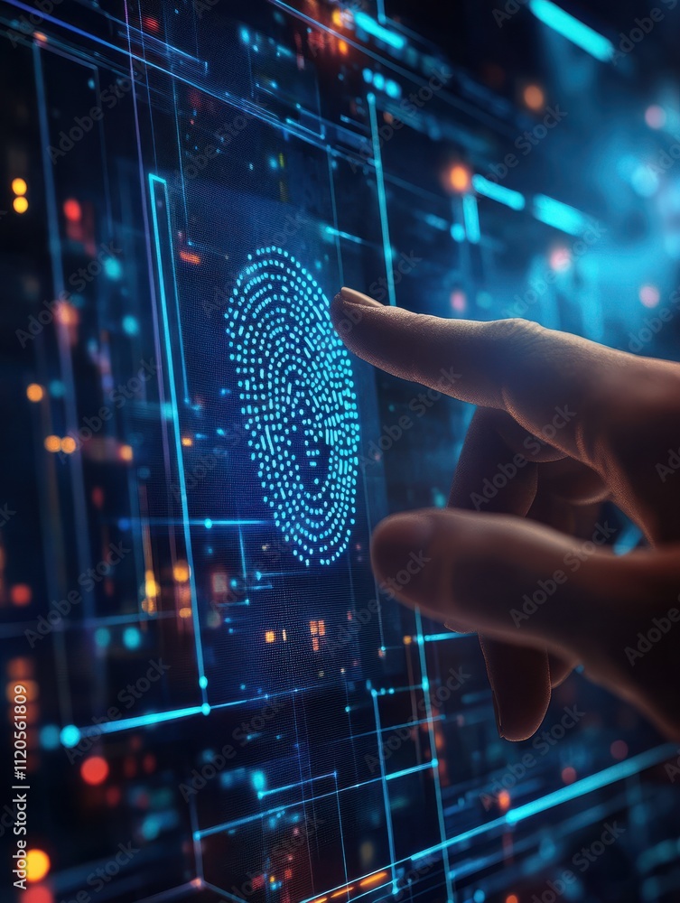 Poster palm print scanner identifying person launching modern digital system close up. closeup futuristic t