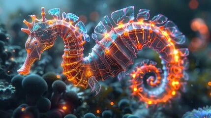 A glowing, ethereal seahorse amidst vibrant coral, showcasing marine beauty and biodiversity.