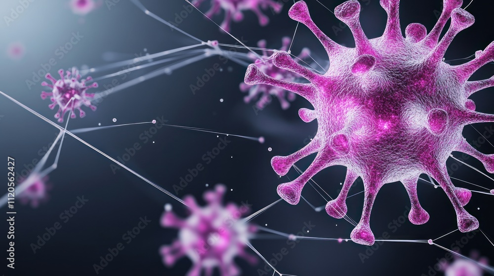 Poster close-up view of virus-like structures in a digital illustration.