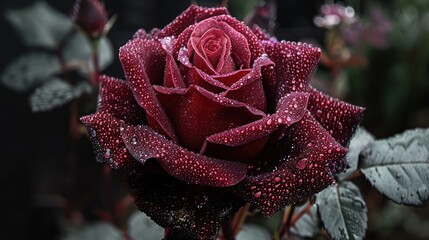 A close-up of a dew-covered red rose, showcasing its beauty and intricate details.
