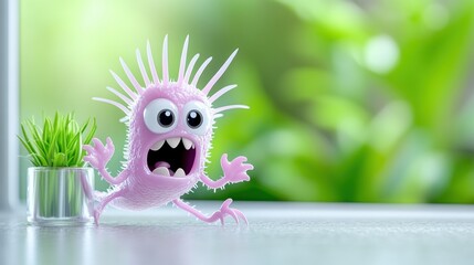 A playful pink creature with big eyes near a small plant.