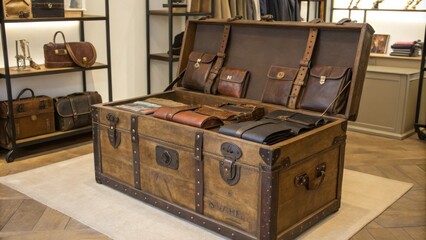 A large vintage trunk serving as a unique display for leather goods drawing attention to its storied charm and elegance.