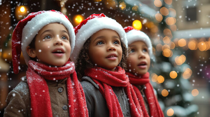 Three Young Choir Singers in Santa Hats Singing Joyfully in a Snowy Christmas Scene