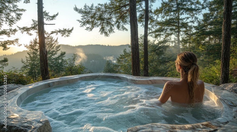 Poster a person enjoys a warm soak in a hot tub while surrounded by tall trees and stunning mountain views 