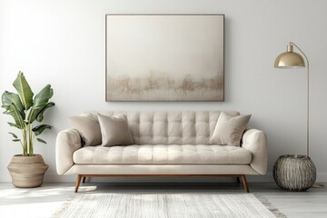 Sophisticated living room mockup with a neutral palette, plush sofa, and artwork against a clean white wall