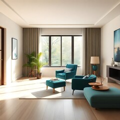 Fototapeta premium minimalist modern living room design, blue armchair by window, stylish interior, neutral colors, contemporary decor, spacious, clean lines, soft natural light