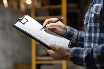 Employee documents quality check results meticulously while standing at worksite