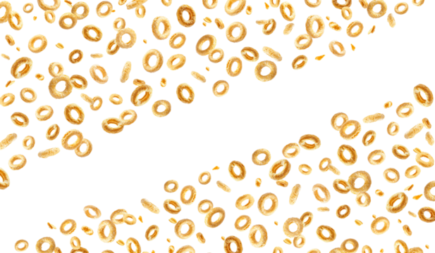 Cereal loops flying though the air, breakfast ring cereal overlay, transparent png, no background copy space