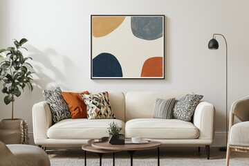 Stylish frame mockup featuring wall art in a comfortable living room, perfect for showcasing decor ideas in 3D