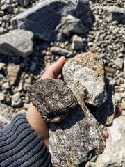 Woman's hand holding rocks on a beach