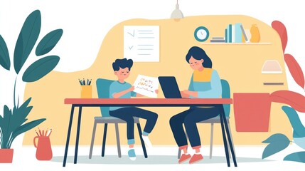 Mother helps son with homework at home.