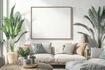 Stylish frame mockup featuring wall art in a comfortable living room, perfect for showcasing decor ideas in 3D