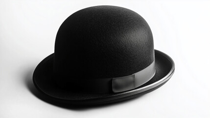 Classic Black Bowler Hat with Glossy Ribbon Detail on White Background