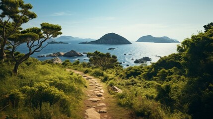 A photo of a coastal trail with views of distant
