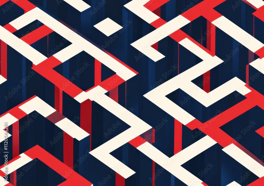 Poster blue, red, and white lines in an isometric pattern create a maze-like design generative ai