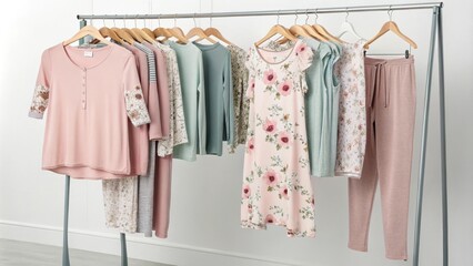 A clothing rack displays a collection of maternity wear with flowy blouses and comfy leggings designed for comfort and style. The fabrics are soft and stretchy in soothing pastels