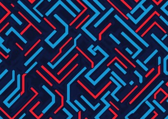 A modern, flat design pattern with blue and red lines forming an intricate maze on a navy background It has bold colors and geometric shapes, labyrinth-like Generative AI