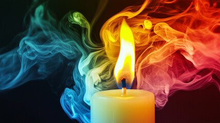 A single white candle burns brightly, its flame surrounded by swirling, colorful smoke in shades of red, blue, green, and yellow. The dark background contrasts the vibrant hues