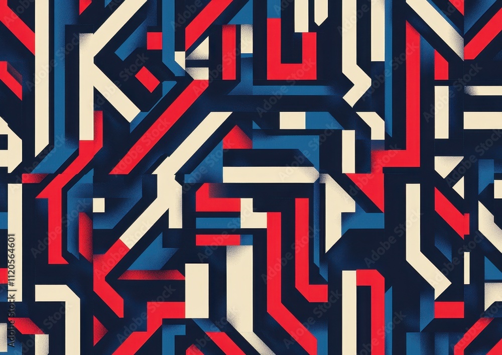 Poster blue, red, and white pattern with bold lines forming an intricate maze design the background is dark