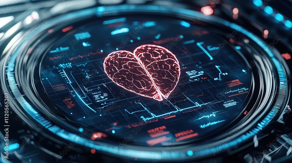 Poster a futuristic digital interface displays a glowing heart shape, symbolizing emotion and technology in
