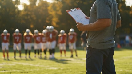Coach holding clipboard with plays, standing on grass field, team practicing in background generative ai