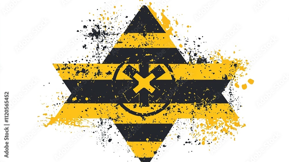 Poster a stylized graphic featuring a yellow and black star with splatter effects, incorporating abstract e