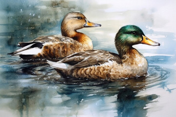 Obraz premium ducks in water watercolor illustration., watercolor style, 