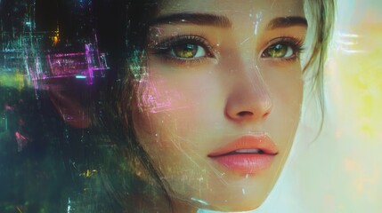 Pensive AI Woman, Futuristic Cityscape Background