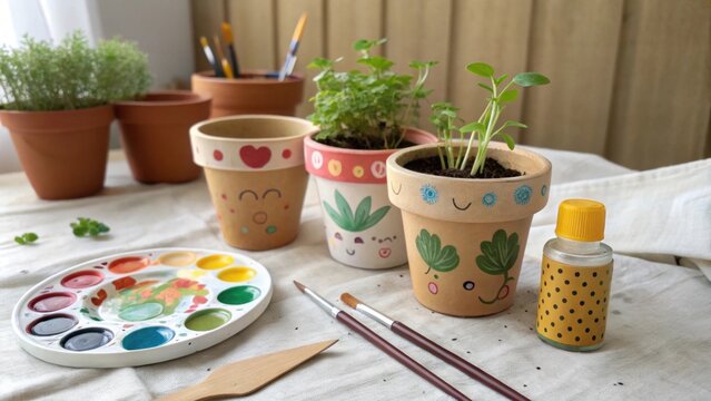 A cheerful drop cloth covered with small terracotta pots ready for decoration each pot painted with playful designs in various colors. A small bottle of acrylic paint a set of