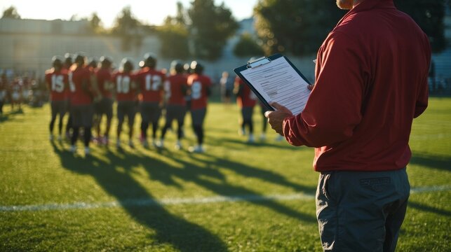 Coach holding clipboard with plays, standing on grass field, team practicing in background generative ai