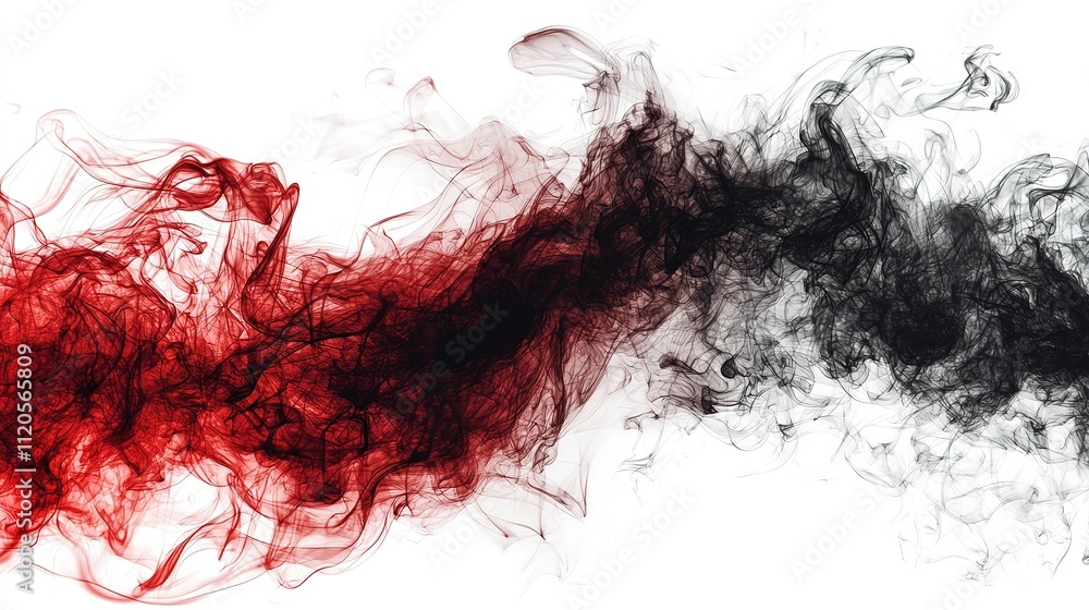 Poster an abstract image showcasing swirling red and black smoke against a white background, creating a dra