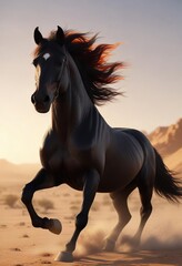 A black horse with a blazing mane and fire crackling at its hooves as it gallops through the desert , horse, ferocious, wild