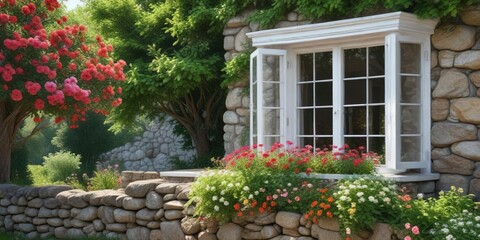 A beautiful white window perched atop a rustic stone wall overlooking a picturesque green garden with mature trees and colorful blooms, tree line, stone wall, garden view