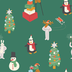 Seamless pattern with Christmas and New Year characters in doodle style in vector. Element for decoration postcards poster print background backdrop wrapping wallpaper banner