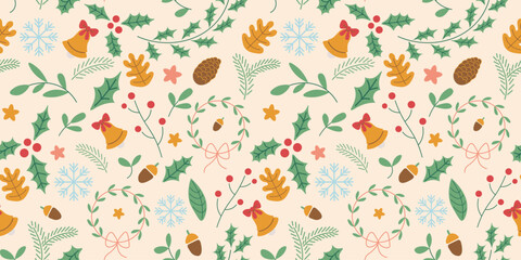 Seamless pattern with Christmas and New Year herbal elements in doodle style in vector. Element for decoration postcards poster print background backdrop wrapping wallpaper banner