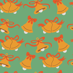 Seamless pattern with bells with ribbons in doodle style in vector. Element for decoration postcards poster print background backdrop wrapping wallpaper banner