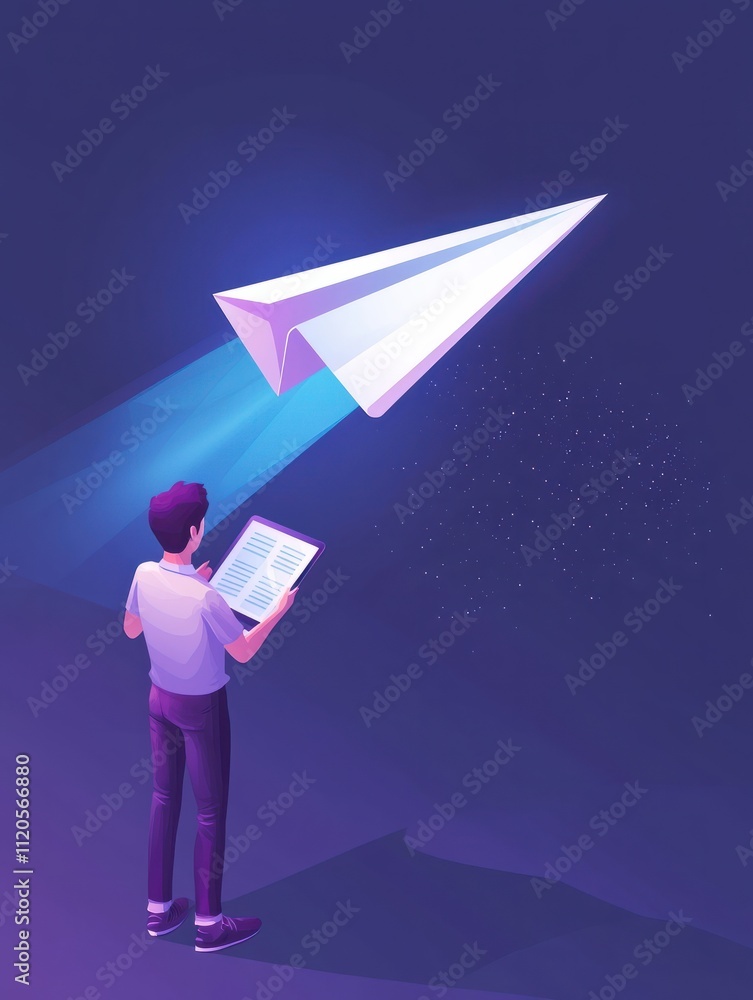 Poster user with book and tablet watching himself flying on paper plane in augmented reality. virtual reali