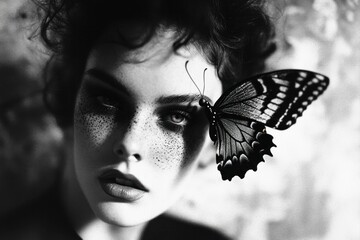 Black and white portrait of a woman with butterfly resting near her eye, showcasing unique make-up and emotive expression. Artistic transformation and beauty concept.
