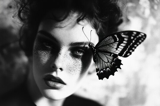 Black and white portrait of a woman with butterfly resting near her eye, showcasing unique make-up and emotive expression. Artistic transformation and beauty concept.