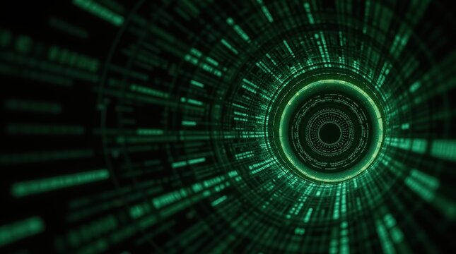 A futuristic, green digital tunnel with  glowing lines technology and data flow background
