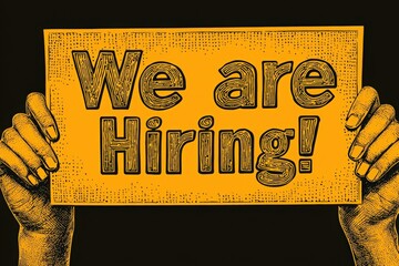 Two hands hold a bright yellow sign displaying a clear message about job openings. The simple design emphasizes the urgency of hiring, making it eye-catching and direct.
