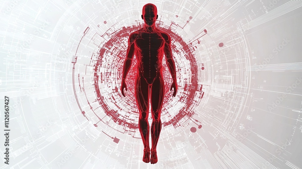 Poster a digital representation of a human figure surrounded by a network of red data points, symbolizing t