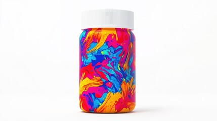 Fototapeta premium A vibrant paint jar featuring a swirl of colorful patterns in blue, orange, and pink against a white background.